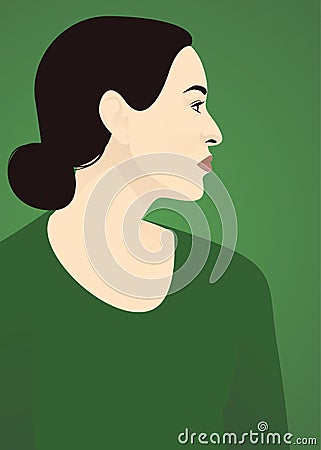 portrait of cute modest European woman on green background with black hair in a bun Cartoon Illustration